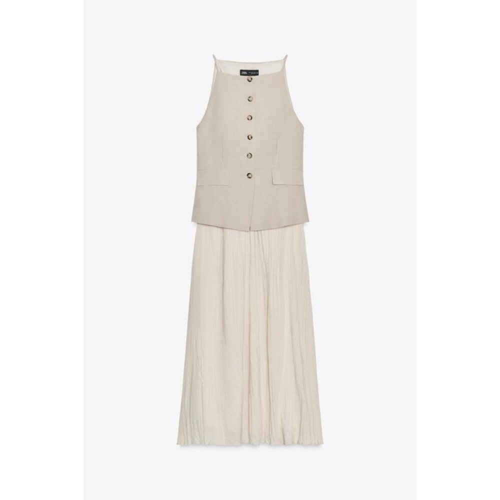 ZARA PLEATED SKIRT MIDI WAISTCOAT DRESS - Picture 4 of 6